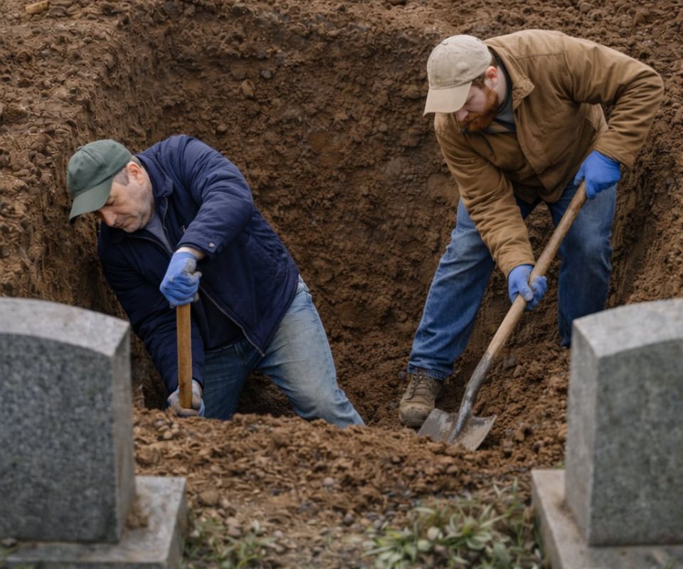 Копка могилы на кладбище в Москве